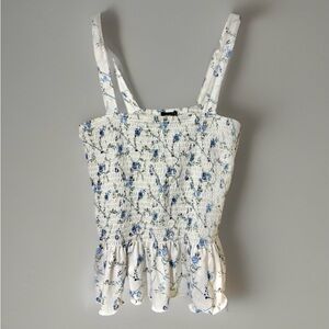 Rue21 Tank Top size M Smocked Babydoll Shirt Floral Print Spring Y2K White blue